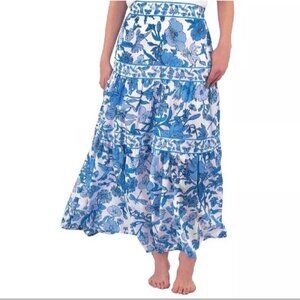 Gretchen Scott Ipanema Maxi Skirt Blue Floral Birds Bees Tiered Size S NEW